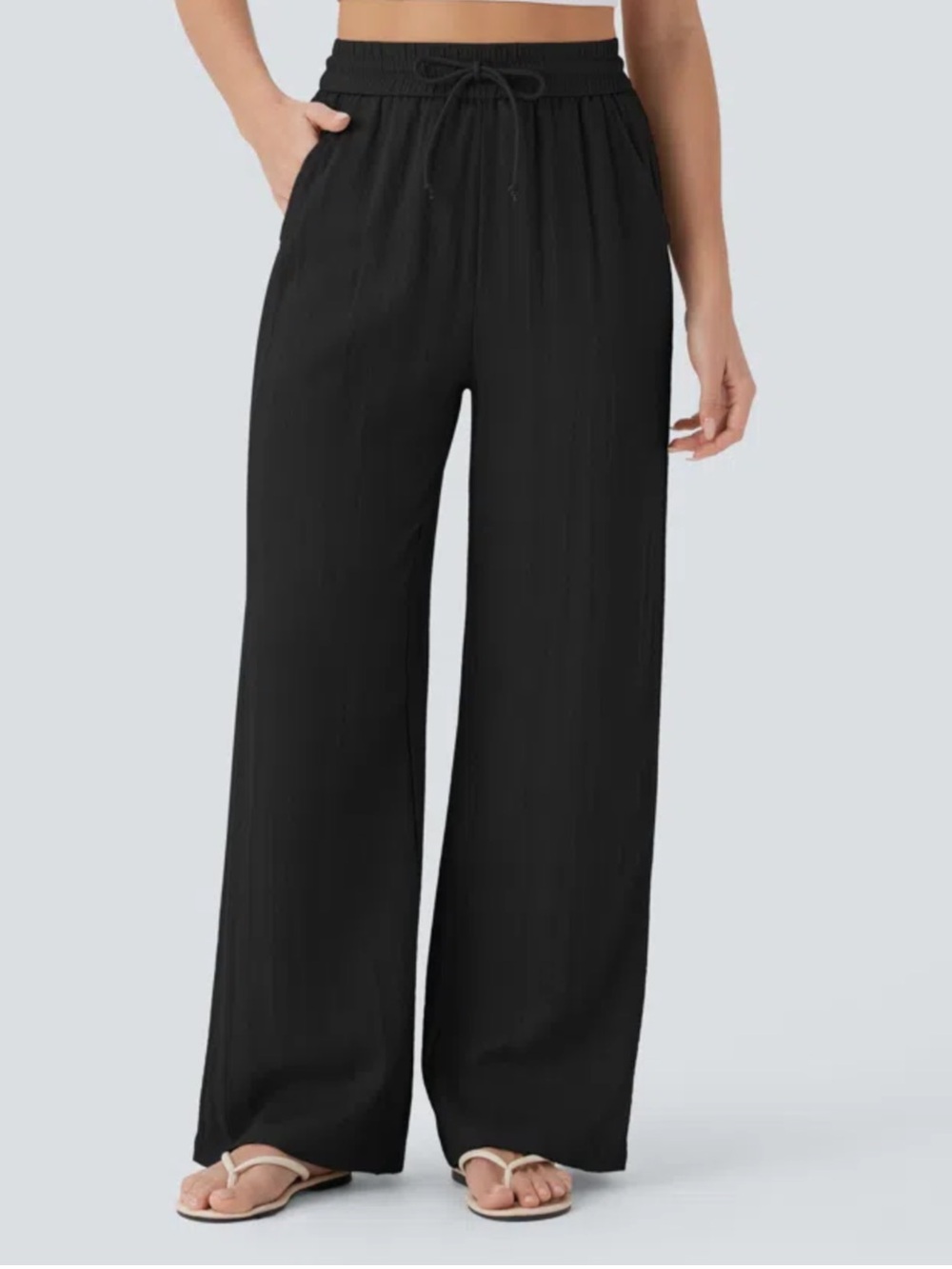 Halara Black High Waisted Drawstring Pocket Wide Leg Baggy Casual Linen-Feel Pan